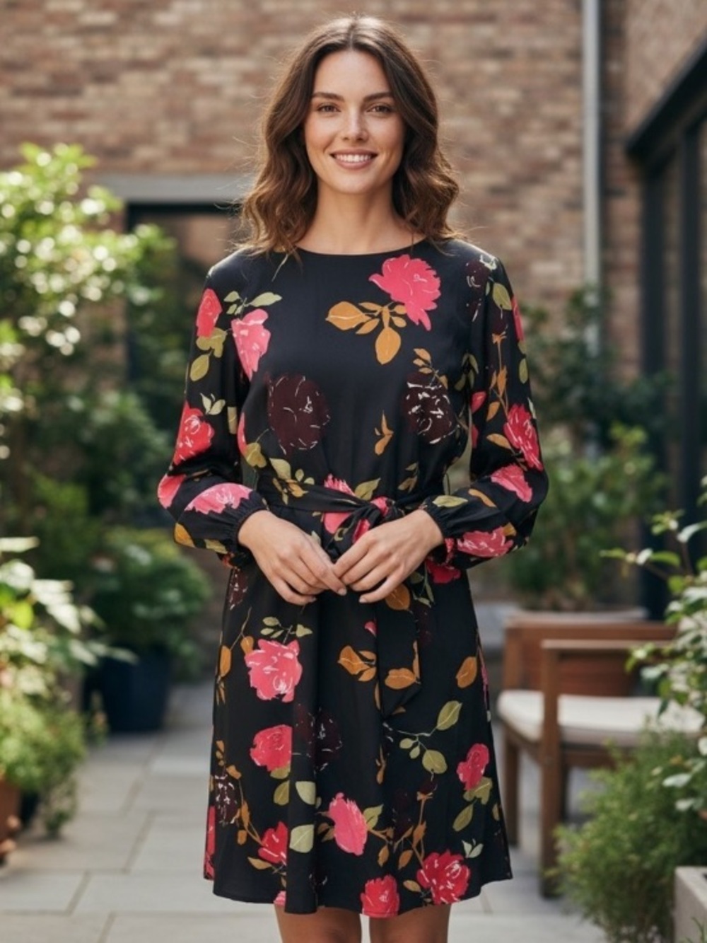 eShakti Black Floral‎ Long Sleeve Belted Dress